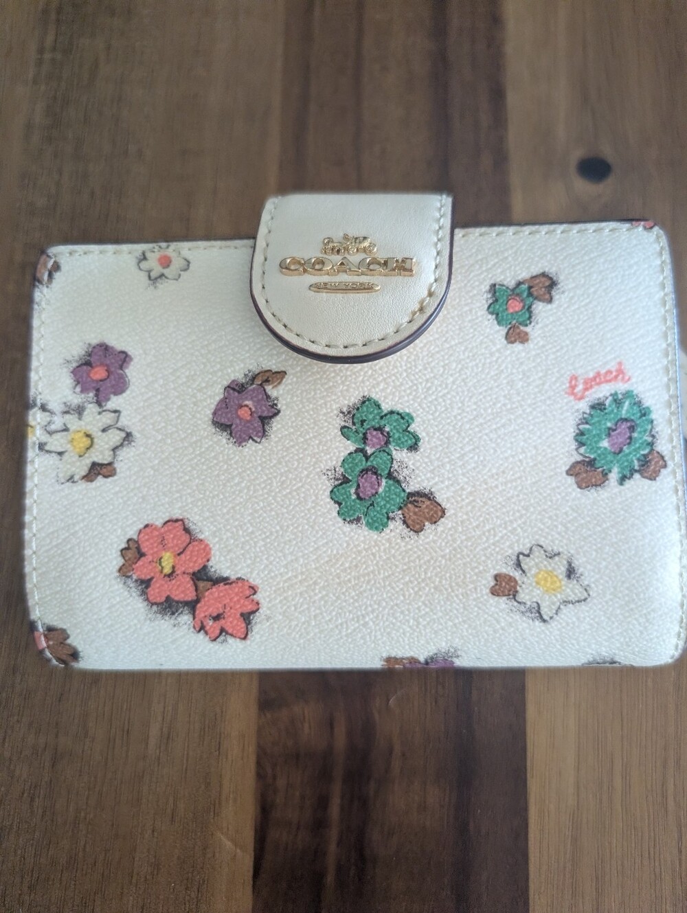 Coach White Leather Floral Card Holder with Multicolor Blooms